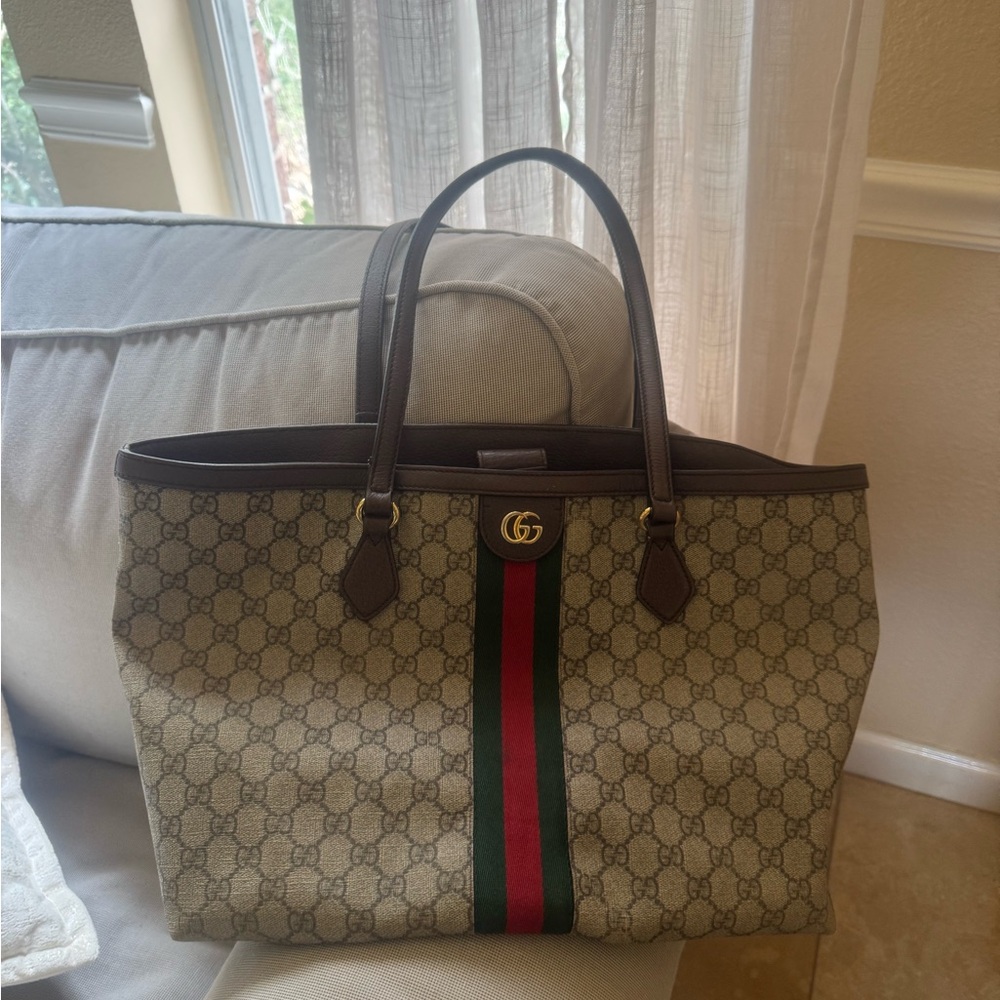 Gucci Monogram Tote with Red and Green Stripe